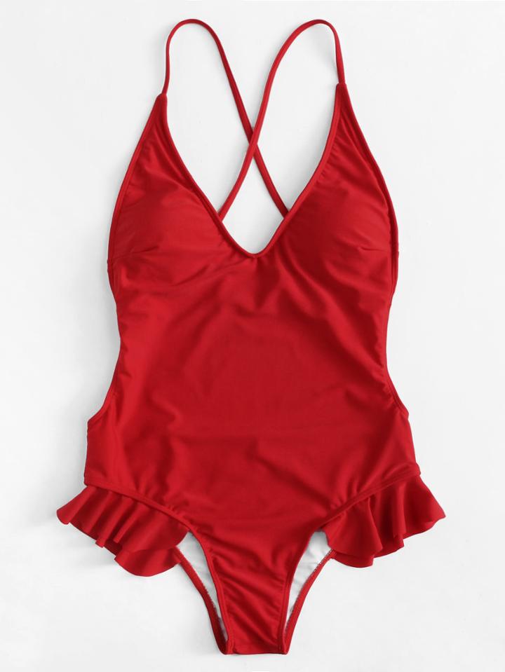 Romwe Open Back Ruffle Detail Swimsuit
