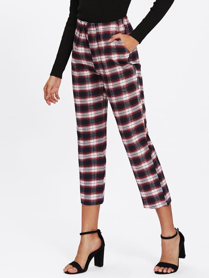 Romwe Elastic Waist Plaid Crop Pants