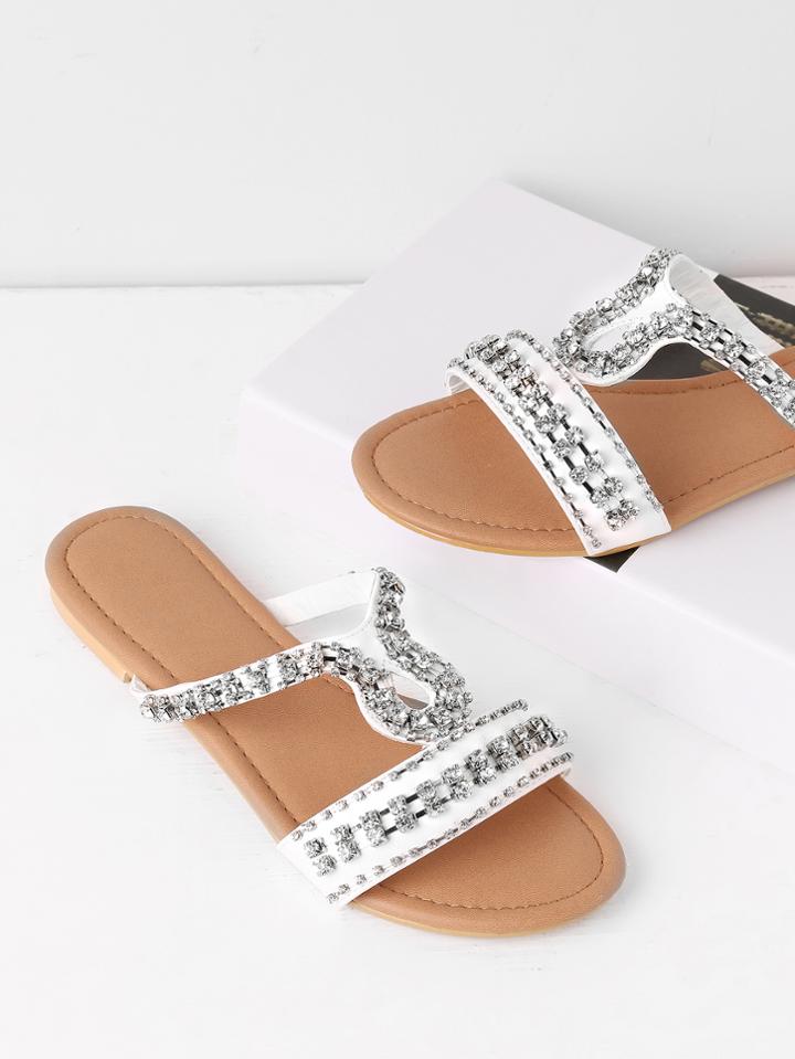 Romwe Rhinestones Decorated Flat Slides