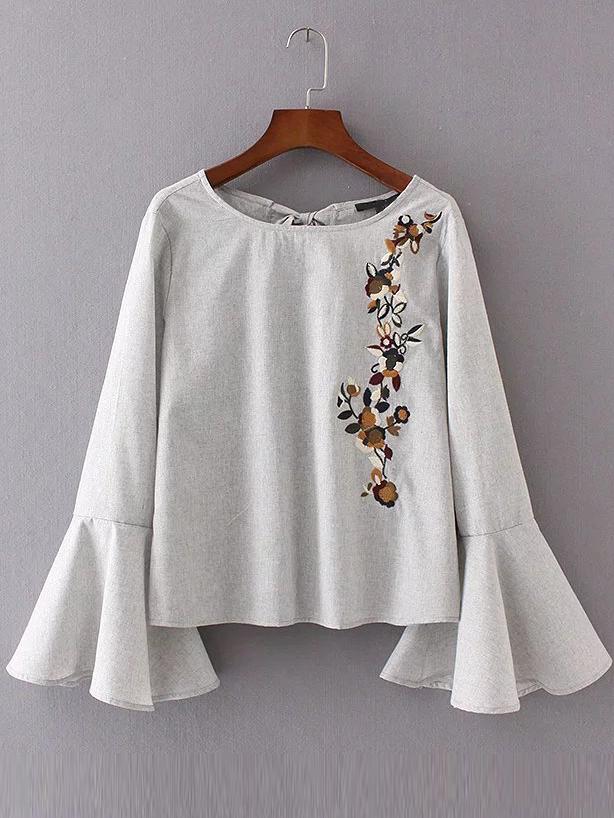 Romwe Pale Grey Flower Embroidery Tie Back Ruffle Cuff Blouse