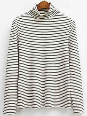 Romwe High Neck Striped White T-shirt