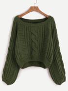 Romwe Army Green Raglan Sleeve Cable Knit Sweater