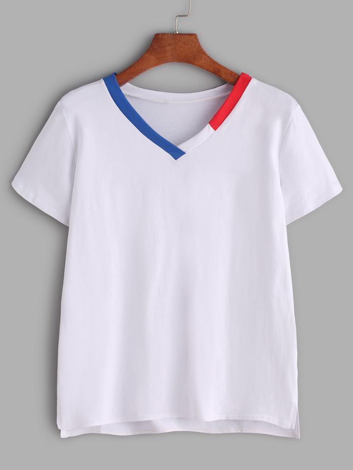 Romwe White Contrast Trim V Neck T-shirt