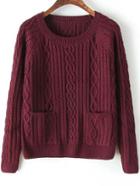 Romwe Diamond Patterned Pockets Maroon Sweater