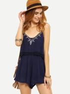 Romwe Lace Trimmed Embroidered Layered Cami Romper - Blue