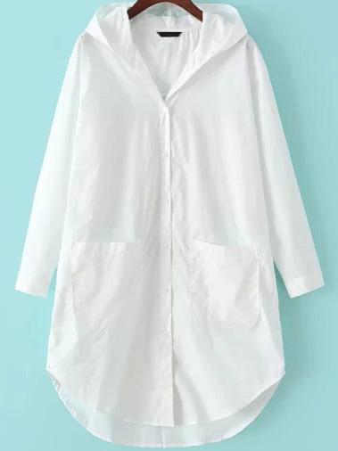 Romwe Hooded Letter Print Dip Hem Pockets Blouse