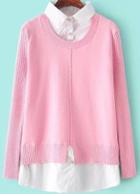 Romwe Contrast Lapel Knit Pink Sweater