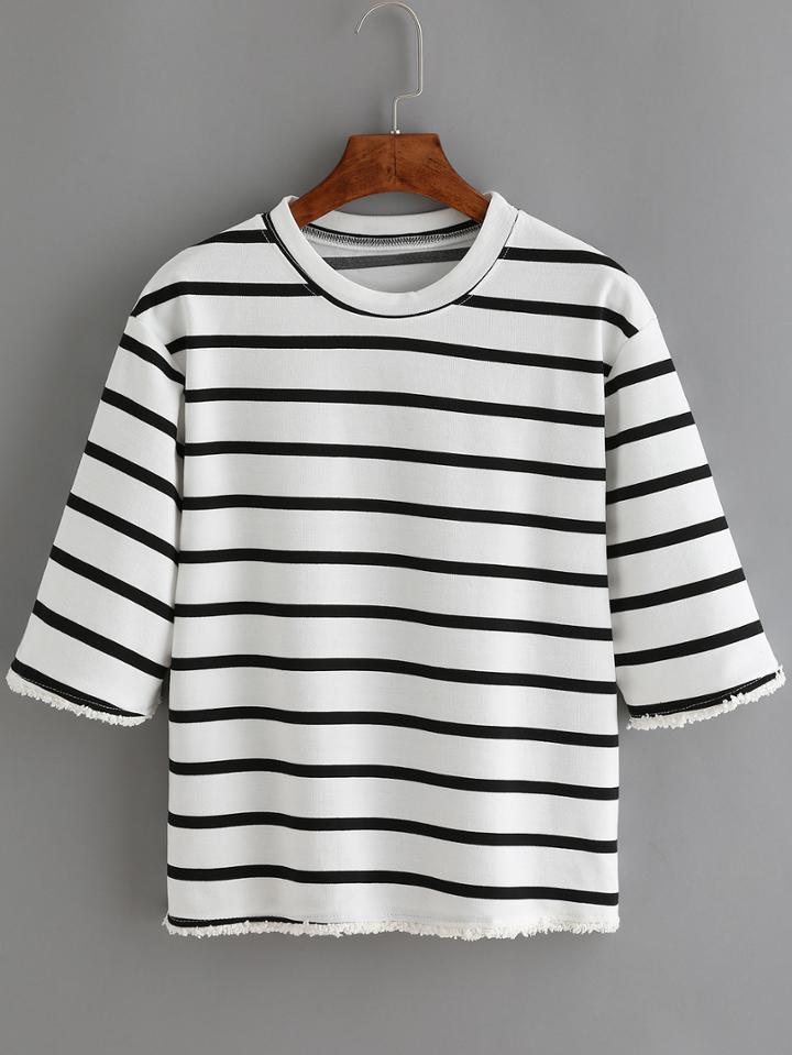 Romwe Striped Frayed White Black T-shirt
