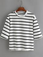 Romwe Striped Frayed White Black T-shirt