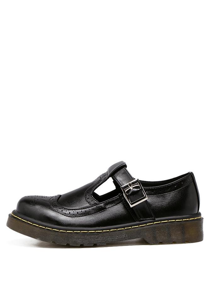 Romwe Black Vintage Round Toe Laser Buckle Shoes