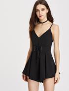 Romwe Lace Up Corset Detail Pleated Wide Leg Cami Romper