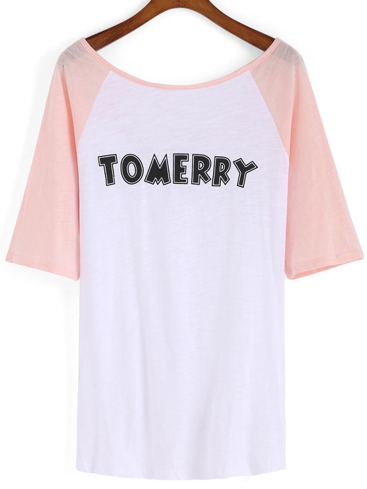 Romwe Raglan Sleeve Letter Print Pink T-shirt