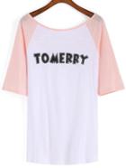 Romwe Raglan Sleeve Letter Print Pink T-shirt