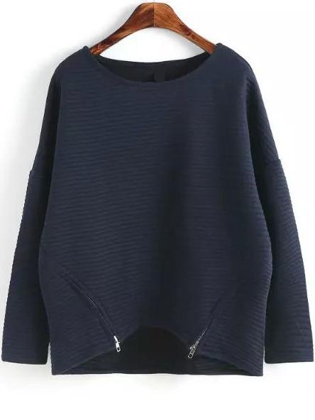 Romwe Diamond Pattern Double Zipper Navy Sweatshirt
