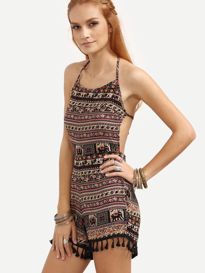 Romwe Tassel Trimmed Multicolor Tribal Print Romper