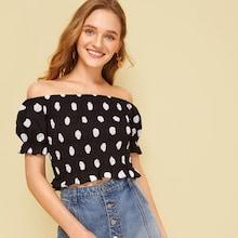Romwe Shirred Ruffle Hem Polka Dot Print Blouse