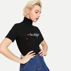 Romwe High Neck Embroidered Ribbed Tee