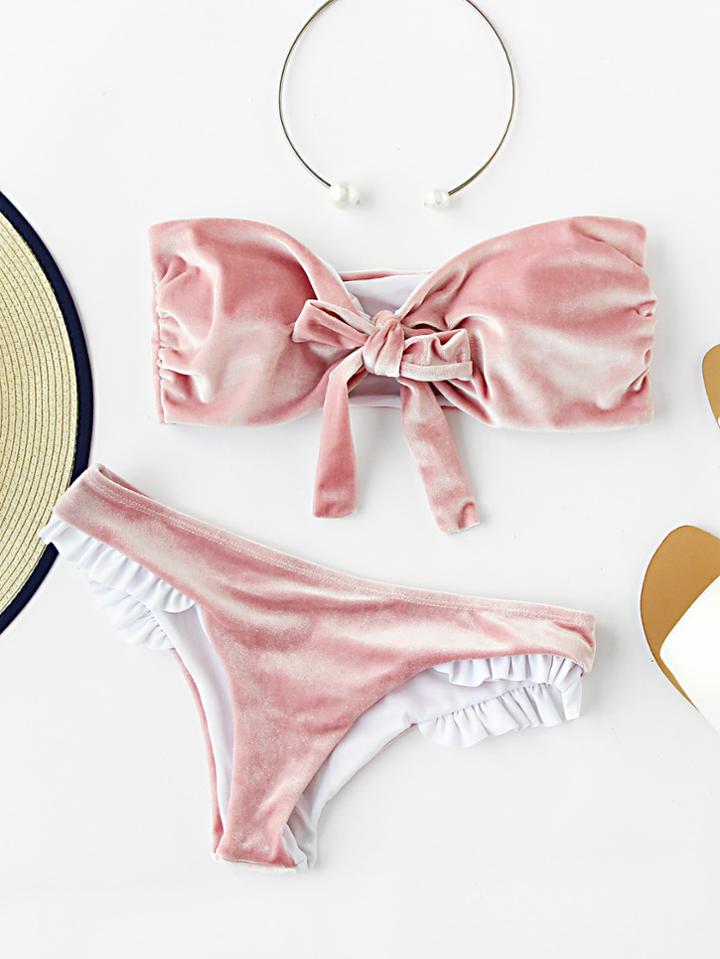 Romwe Frill Trim Velvet Bandeau Bikini Set
