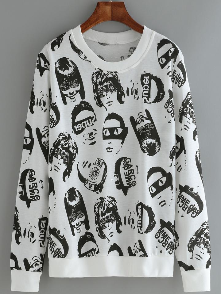 Romwe Round Neck Capita Print White Sweatshirt