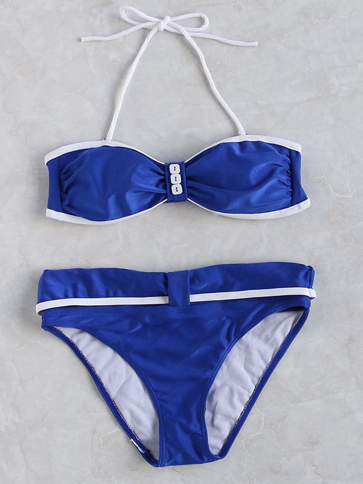 Romwe Blue Contrast Trim Halter Bikini Set
