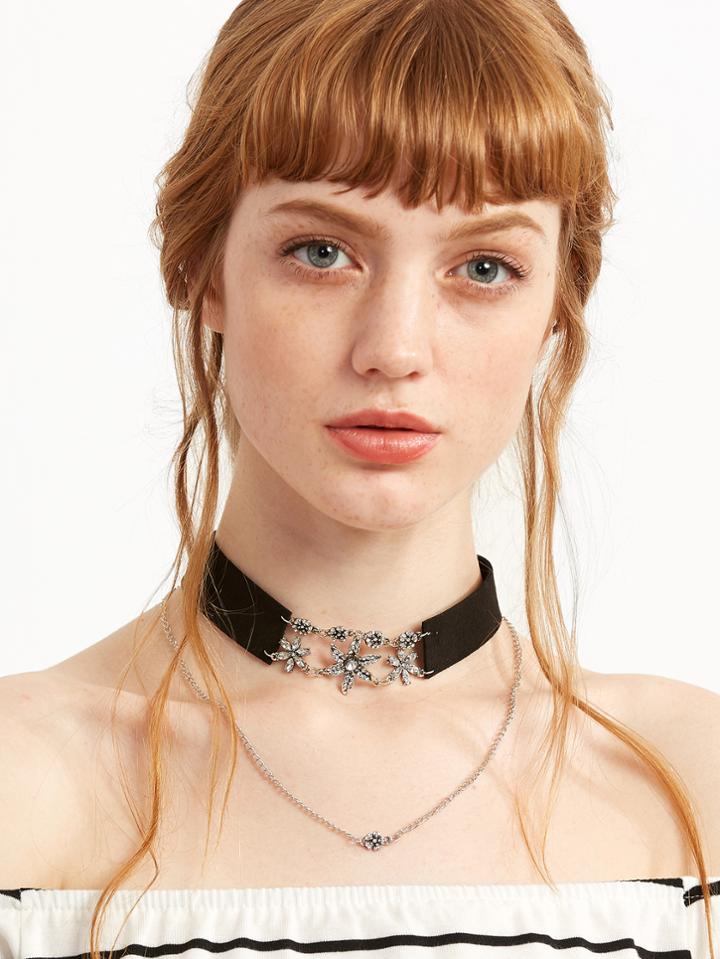 Romwe Black Double Layer Floral Rhinestone Choker Necklace