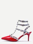 Romwe Red Pointed Toe Buckle Strap Studded Stiletto Heels