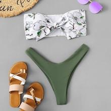 Romwe Floral Knot Front Bandeau With High Leg Bikini