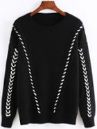 Romwe Long Sleeve Ribbon Black Sweater