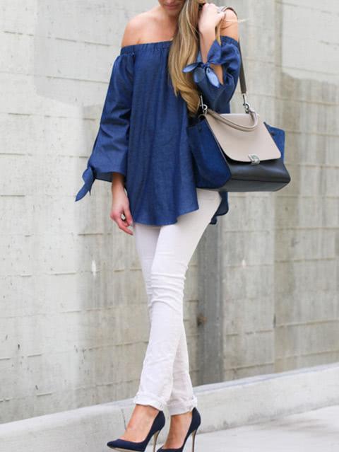 Romwe Bardot Dolphin Hem Knotted Blouse