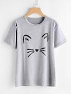 Romwe Cat Print Heathered Knit Tee