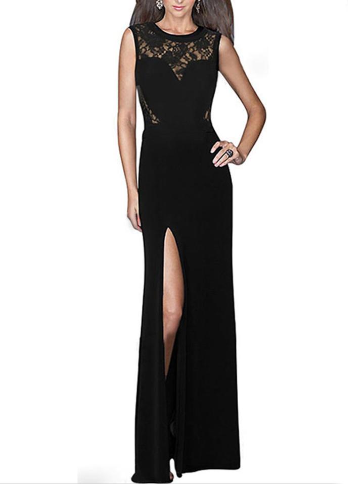 Romwe Lace Insert High Slit Maxi Dress - Black