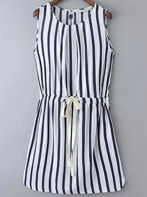Romwe Navy Vertical Striped Drawstring Dress