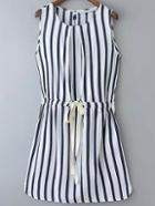 Romwe Navy Vertical Striped Drawstring Dress