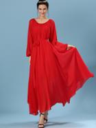 Romwe Red Long Sleeve Self-tie Chiffon Pleated Dress