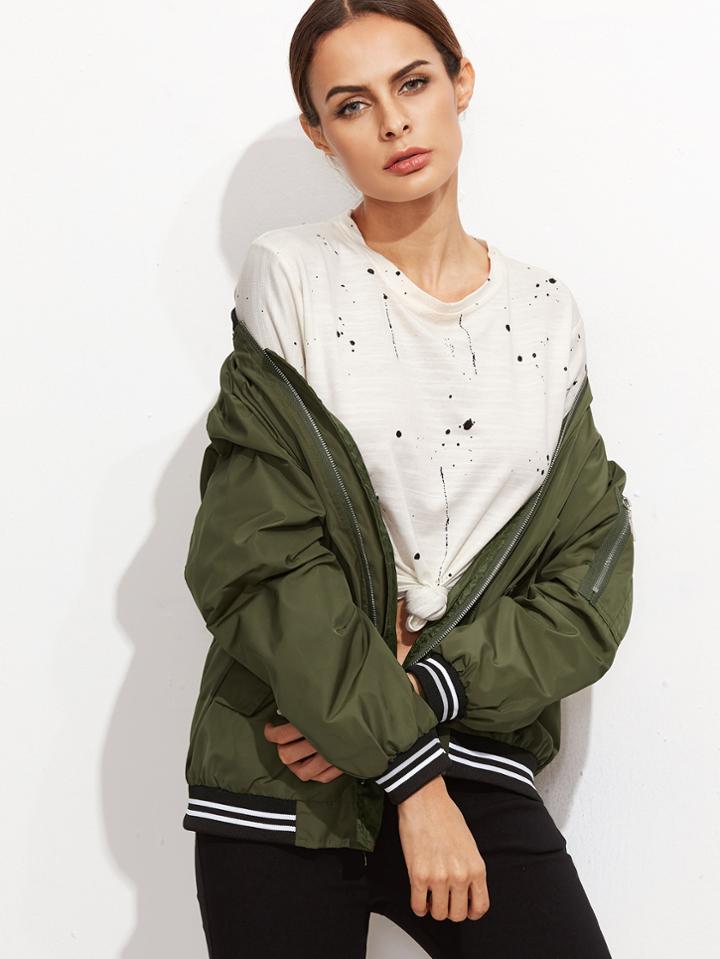 Romwe Army Green Varsity Striped Trim Embroidered Bomber Jacket