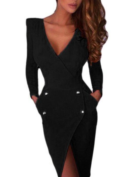 Romwe Deep V Neck Buttons Wrap Black Dress