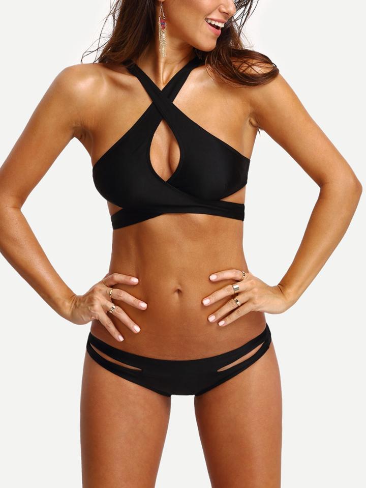 Romwe Cutout Cross Wrap Bikini Set