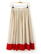 Romwe Beige And Red Elastic Waist Pleated Skirt
