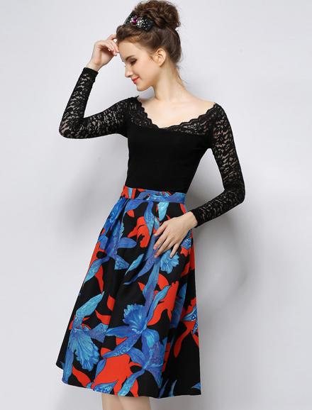 Romwe Floral Print High Waist Skirt