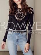 Romwe Black Lace Embroidered Backless T-shirt
