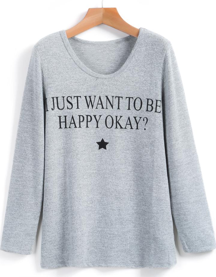 Romwe Grey Long Sleeve Letters Print T-shirt
