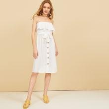 Romwe Ruffle Trim Button Front Belted Tube Dress