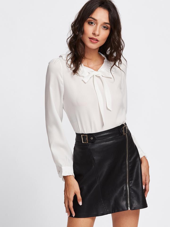 Romwe Frill Cuff Tie Neck Blouse