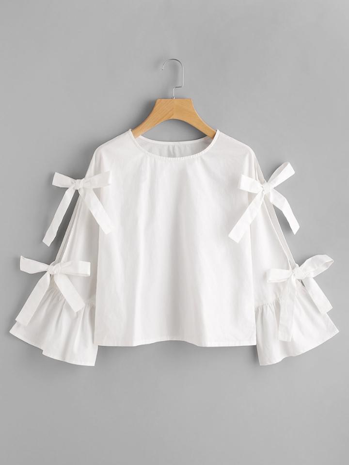 Romwe Bow Embellished Split Trumpet Sleeve Top