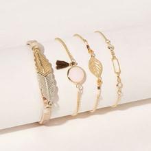 Romwe Tassel & Palm Decor Chain Bracelet 4pcs