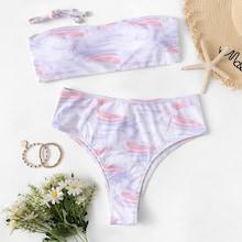 Romwe Watercolor Print Bandeau With High Waist Bikini