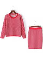 Romwe Long Sleeve Striped Top With Bodycon Red Skirt