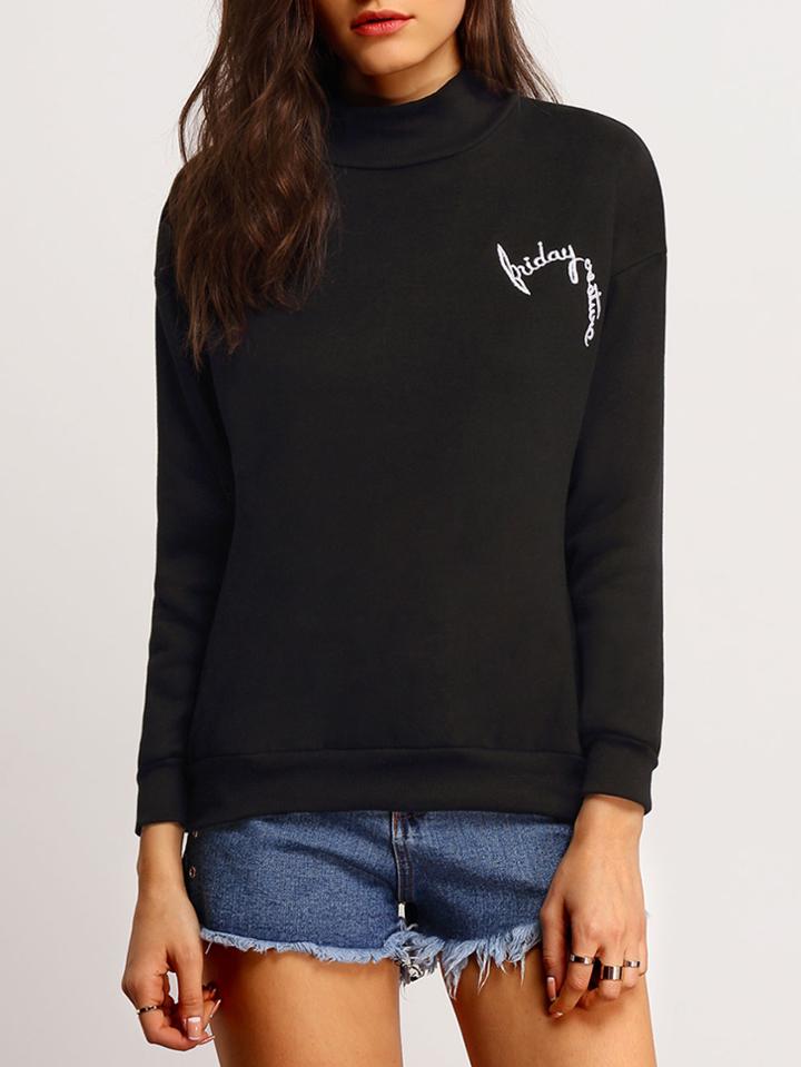 Romwe Mock Neck Letter Embroidered Sweatshirt
