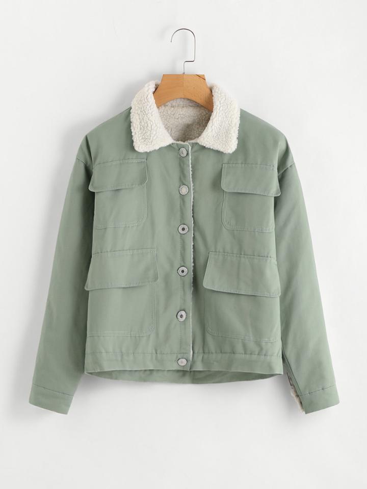 Romwe Dual Pocket Single Breasted Sherpa Lined Jacket