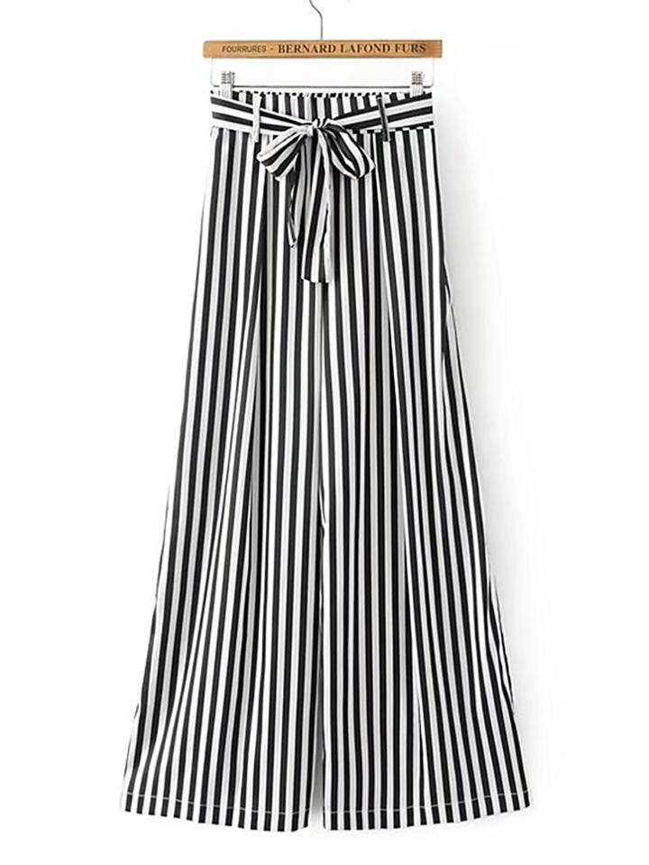 Romwe Elastic Waist Contrast Striped Wide Leg Pants
